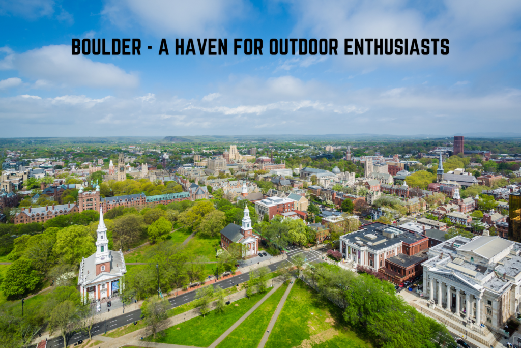 A panoramic view of Boulder, a haven for outdoor enthusiasts, surrounded by stunning landscapes and nestled against the backdrop of the Flatirons.