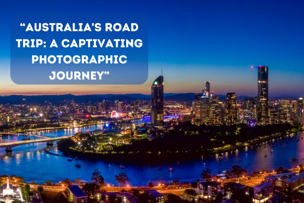 Scenic panorama of Australia's landscapes, capturing the essence of a mesmerizing road trip through vibrant skies, rugged coastlines, and lush greenery.