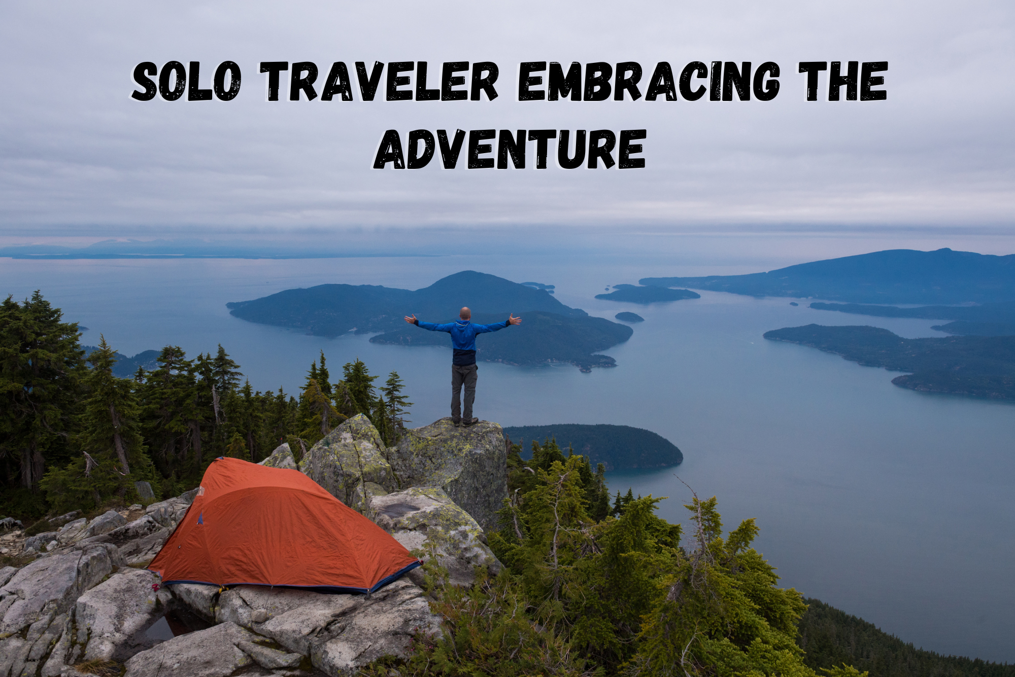 A solo traveler standing on a mountaintop, surrounded by breathtaking scenery, embodying the spirit of solo exploration and adventure. Travel tips and tricks for best experieince.