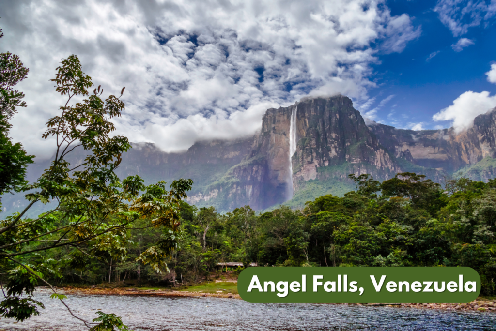 Aerial view of Angel Falls, the breathtaking natural wonder nestled within Venezuela’s Canaima National Park.