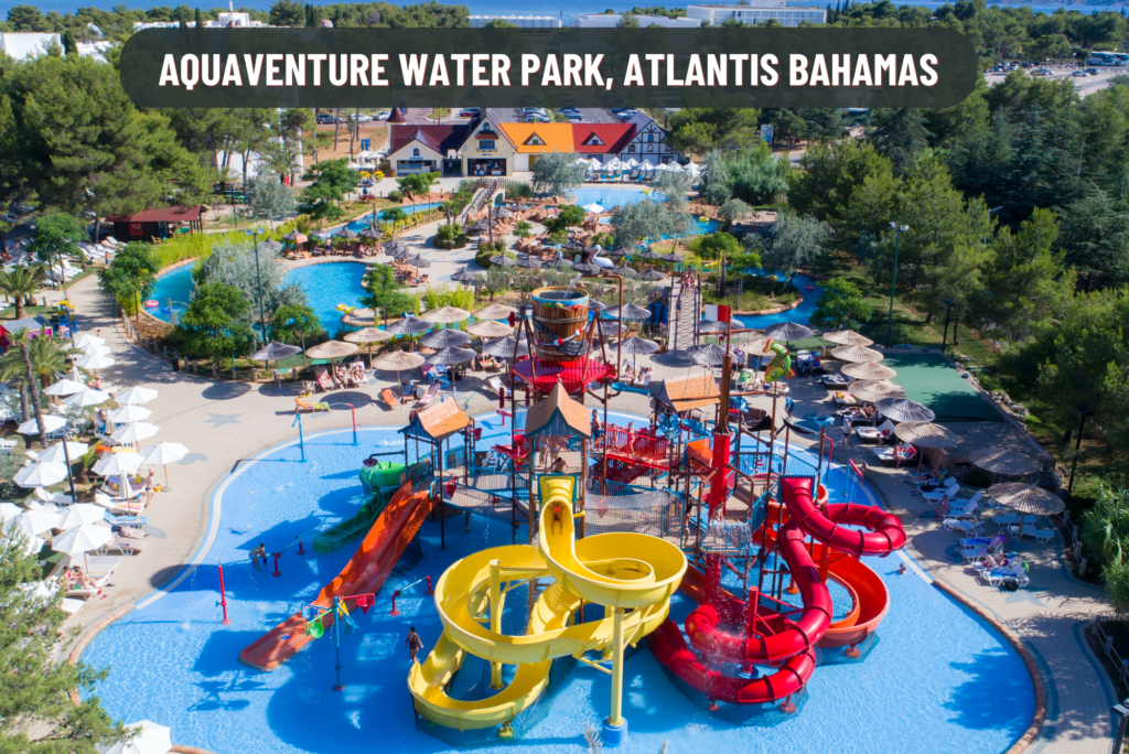 "Thrilling waterslides, lazy rivers, and wave pools at Aquaventure Water Park, Atlantis Bahamas, create a vivid tapestry of aquatic wonders, promising an exhilarating and refreshing escape in a tropical paradise."