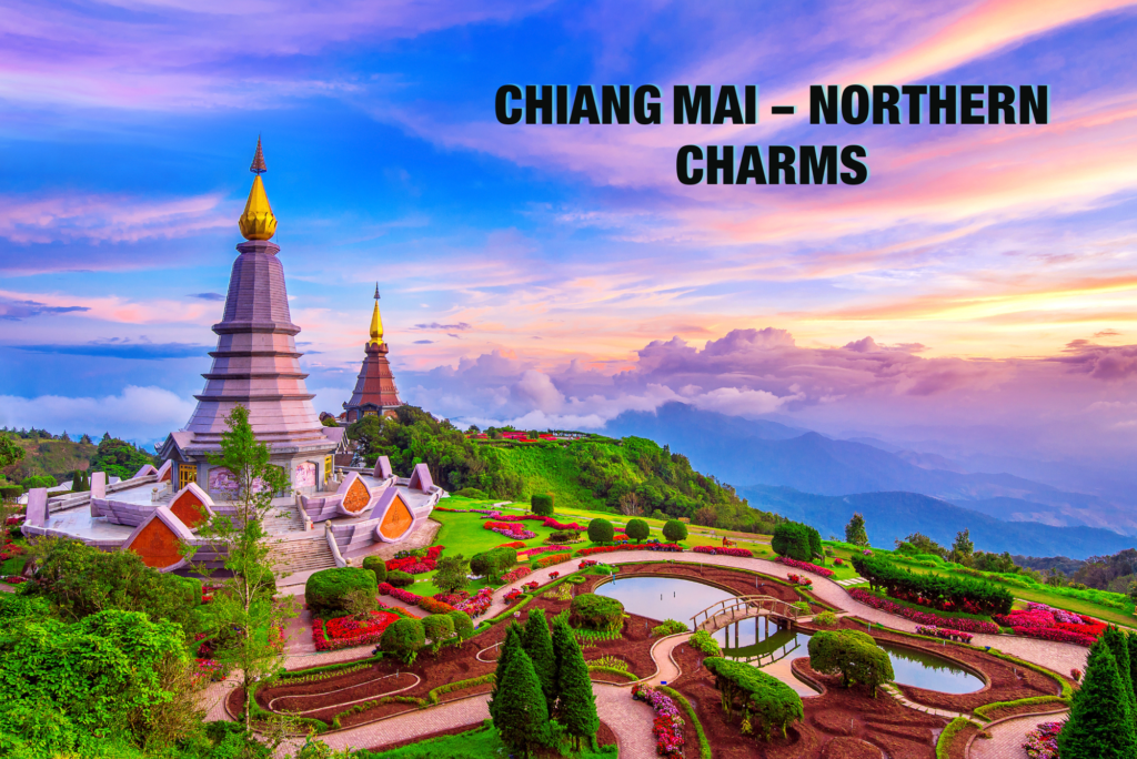 "Serene cityscape of Chiang Mai, Thailand, surrounded by lush hills and ancient temples, blending cultural charm with tranquil landscapes."