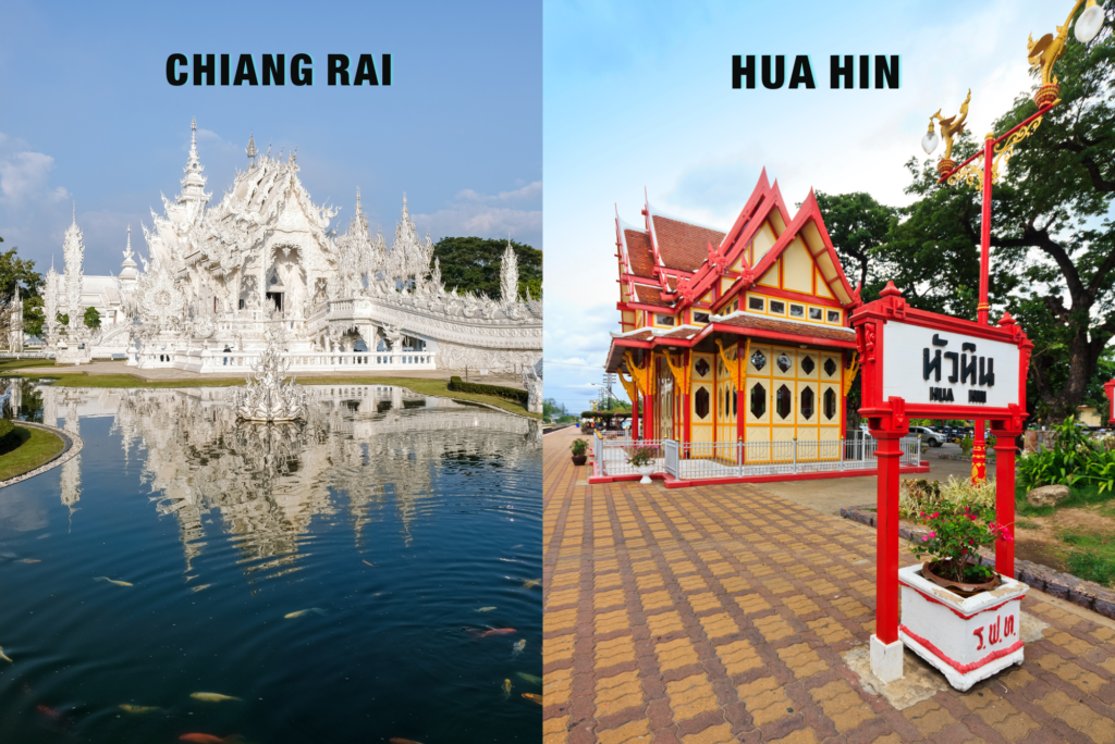 "Chiang Rai's artistic White Temple and Hua Hin's royal elegance, showcasing the diverse facets of Thailand's cultural and regal expressions."