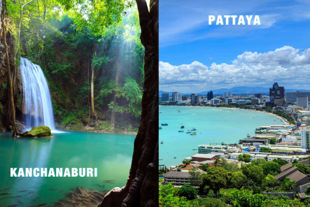 "Kanchanaburi's historic landmarks and Pattaya's vibrant coastal scene, offering diverse experiences in Thailand's tapestry of history and entertainment."