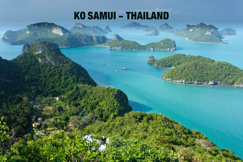 "Spectacular view of Ko Samui's palm-fringed beaches and turquoise waters, epitomizing the tropical paradise that defines Thailand's island beauty."