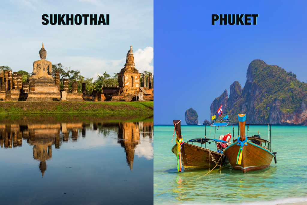 "Ancient ruins in Sukhothai and a vibrant sunset over Patong Beach in Phuket, encapsulating Thailand's rich history and tropical beauty."